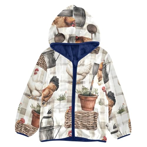 CHIFIGNO Girls Boys Fleece Jacket Cute Kids Hoodie Boys' Fashion Hoodies Sweatshirts with Pockets for Toddler and Kids, Rustic Country Farm Chickens Hens, 9-10T