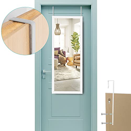 Image of NeuType Full Length Mirror, 44 inch x 16 inch Over The Door or Wall Mount Hanging, 2 Metal Hangers for Bedroom, Bathroom, Living Room Decor, White