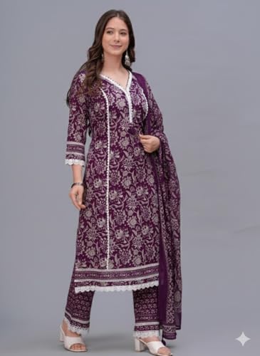 Image of Amayra Women's Pure Cotton Printed Straight Kurta Set with Palazzo Pants & Dupatta- Ethnic Wear
