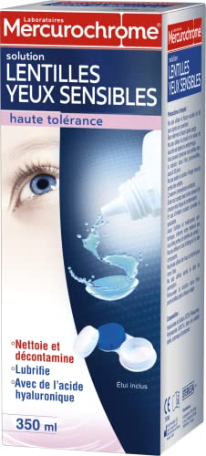 MERCUROCHROME – Solution Lentilles Yeux Sensibles Haute Tolérance – Nettoie, Décontamine et Lubrifie - Etui inclus - Procure du Confort aux Utilisateurs de Lentilles Plus Sensibles - 350mL