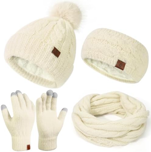 Womens Beanie Hat Infinity Scarf Touchscreen Gloves Fleece Headba...
