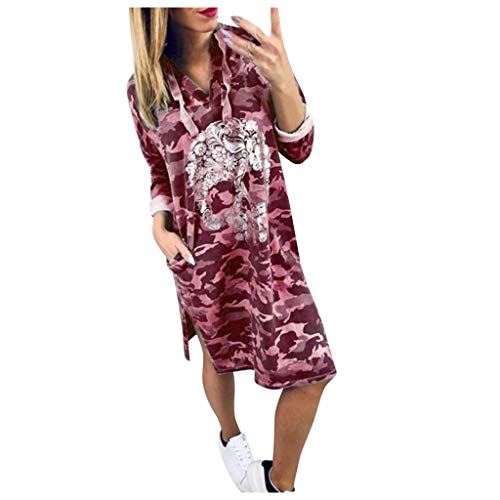 Women Autumn Dress,Kingwo Stylish Camouflage Printed Long Sleeve V Neck Hoodie Mid-Length Large Size Dress with Pockets (XXL, Wine)