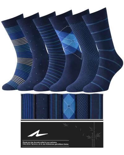 Image of Niorasen Men's Bamboo Rayon Dress Socks, 6 Pairs, Mid Calf | 90% bamboo rayon socks with breathable fabric and reinforced heel and toe; classic solid style for business and daily wear.
