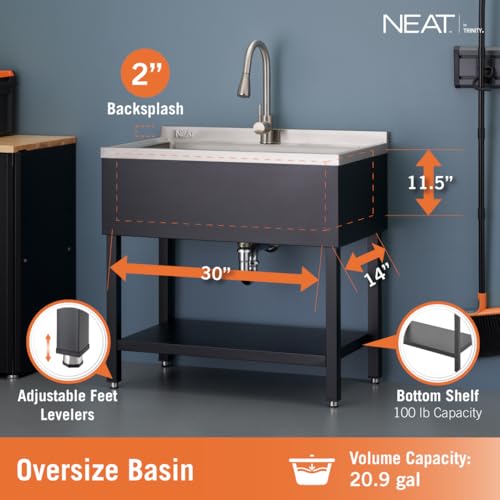 Image of Stainless Steel Utility Sink, Oversized Freestanding Single Bowl Utility Sink with Pull-Out Faucet, for Garage, Laundry Room, Shop, NSF Certified, 36 inchW x 20 inchD x 50 inchH, Black