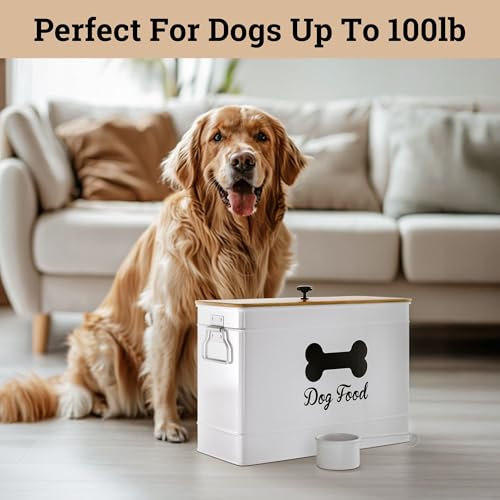 Dog Food Container Airtight 15 lb (50 Cup) Capacity with Metal Scoop - Cute Airtight Dog Food Storage Container with Bamboo Lid - White Metal Kibble Storage Bin for Dogs up to 100 lbs - Big Pet Jar - Image 6