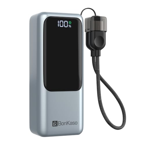Image of Bonkaso 10000mAh 22.5W PD Power Bank with Inbuilt Type-C to Type-C Cable, Digital Display, USB-A & Type-C Output, Compact Metallic Grey Portable Charger for Mobiles, Tablets & Type-C Devices