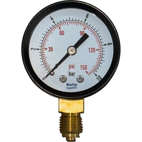 BieTal® Manometer Arbeitsmanometer 0-10 bar Druckmanometer Druckmesser 50mm Durchmesser Druckanzeige Präzisionsmanometer 1/4 Zoll Gewinde unter anderem für CO2 Druckminderer
