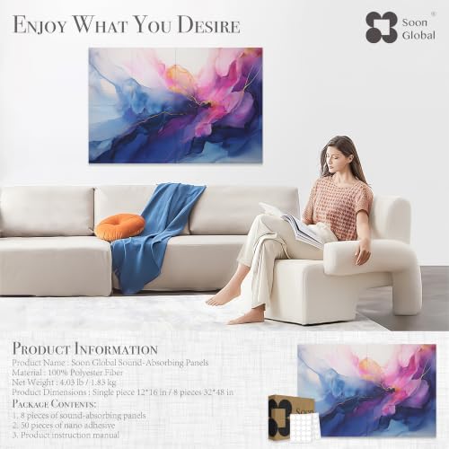 Image of Soon Global 8-Pack Acoustic Panels, Soundproof Wall Panels, 48 X 32 Inches Sound Absorbing Panels, Decorative Acoustical Wall Panels, Acoustic Treatment for Recording Studio, Opulence