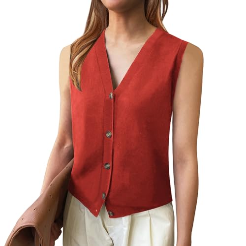 Image of Wowcarbazole Womens Sweater Vest Sleeveless Knit V Neck Summer Tops Trendy Casual Button Down Slim Fitted Ribbed Vest