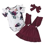 STOREYH Neugeborenes Baby Mädchen Langarm Kleidung Outfit Set 3-teiliges T-Shirt mit Rüschendruck Top + Rüschen Hosenträger Rock + Schleifen Stirnband Babyset für 0-24 Monate