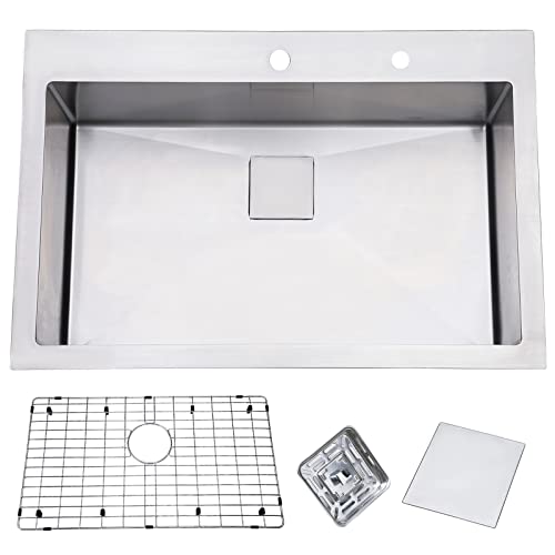 VESLA HOME 33 Inch 18 Gauge Stainless Steel Commercial Topmount Drop in Single Bowl Kitchen Sink,Brushed Nickel Overmount Kitchen Sinks with Dish Grid and Basket Strainer