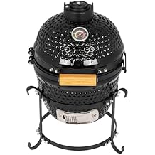 Kamado Egg Grill with Built-in Thermometer, Cast Iron Grates, Bamboo Handle, Portable Ceramic Grill for Backyard, Patio, Deck, Black
