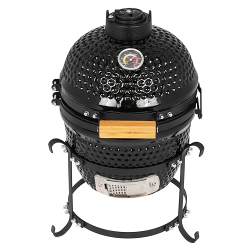 Doredo 13" Kamado Grill with Built-in Thermometer, Egg Grill with Cast Iron Grates, Bamboo handle, Portable Ceramic Grill with Low Stand for Backyard, Patio, Deck grilling, Black