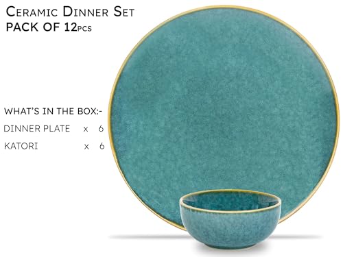 Image of Bodhi House Handcrafted Stoneware Reactive Glaze Ceramic Dinner Set, 12 Pieces Serving for 6, Microwave and Dishwasher Safe, Bone-ash Free, Crockery Set for Dining and Gifting, Ocean Green