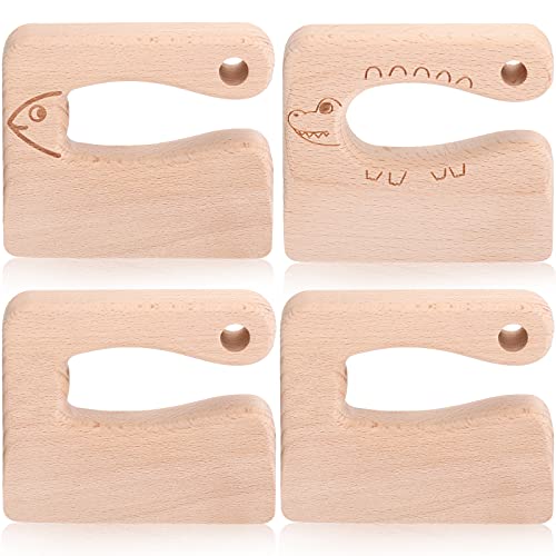 4 Pieces Wooden Kids Knife 2 Patterns Safe Cutting Knife Wooden Cooking Chopper Kitchen Tools for Toddlers Cutting Fruit and Vegetable, for 2-8 Years Old