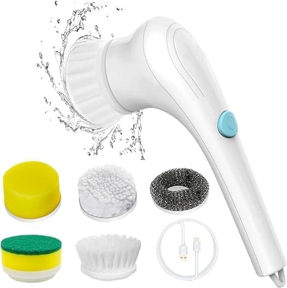 Zivan.tix Electric Spin Scrubber with 5 Brush Heads Perfect for Tackling Surfaces Like Walls, Windows, Kitchen Areas, Sinks, Dishes (White)