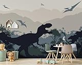 HLNIUC Dinosaur Cartoon Mural Wallpaper, Jungle Forest Wall Mural, Prehistoric Animal Mural, Ancient World Wallpaper for Nursery, Children Bedroom, Living Room-141'x96'(Not Peel and Stick)