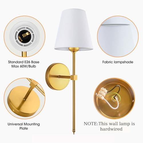 Wall Sconces Sets of 2, Retro Industrial Wall Lamps, Vanity Sconces Wall Lighting with White Fabric Shades, Wall Lights Suitable for Bathroom Bedroom Living Room Kitchen Gold - Image 4