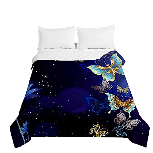 Surwin Couvre Lit Matelassé pour 1/2 Personnes, Imprimé Papillon 3D Dessus de Lit Réversible Couverture de Lit Doux Microfiber Jeté de Lit Couvre-lit Printemps Été (Bleu doré,180x220cm)