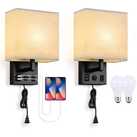 BTY Modern Wall Sconces Set of 2, Wall Lamps Bedroom Plug in with USB Charging Ports AC Socket Sconces Wall Lighting for Living Room Hallway, Black(2 Bulbs Included) Cover