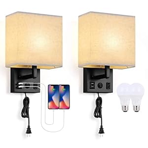 BTY Modern Wall Sconces Set of 2, Wall Lamps Bedroom Plug in with USB Charging Ports AC Socket Sconces Wall Lighting for Living Room Hallway, Black(2 Bulbs Included)