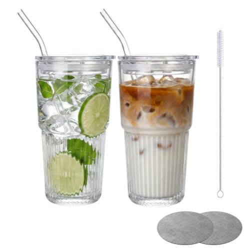 Set 2 Vasos Estriados 550ml, Vaso Cristal con Tapa y Pajita，Tapa Deslizante, Antiderrame, Vaso con Pajita para Café Helado y Smoothie, Vasos con Tapa Aptos Lavavajillas, Incluye Cepillo y 2 Posavasos