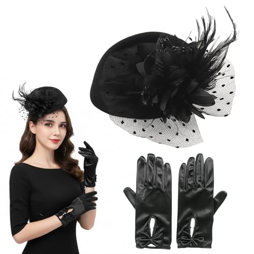 Elegante Vintage Kleider Damen, Fascinator, 3er Set Retro Haarspangen Und Schwarz Spitze Schmetterlingshandschuhe, 50er 60er Jahre Outfit 【Elegantes...