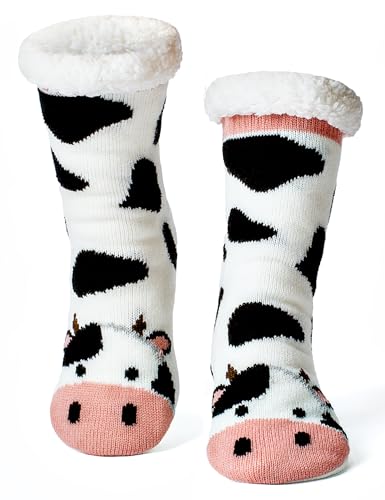 cosyone1997 Cow Fuzzy Slipper Socks for Women with Grips Cozy Gifts