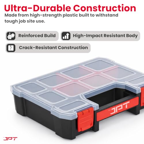Image of JPT Small Ultra Heavy Duty Tool Organizer Box | Plastic Storage Case with Transparent Lid, 10 Compartments & 6 Removable Dividers | Portable Screws & Hardware Organiser