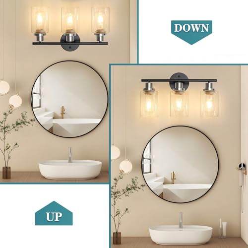Image of Unicozin Modern Bathroom Light Fixtures, 3 Light Vanity Lights, Black and Brushed Nickel Wall Lamp with Clear Glass for Bathroom, Mirror, Living Room, Bedroom, Hallway, E26 Base