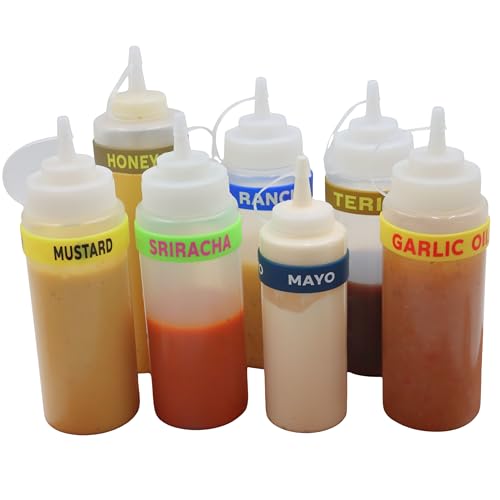 Sandwich Labeling Bands Bundle (7 Pack) for 16 to 24 oz Bottles – Mayo, Mustard, Ranch, Honey Dijon, Garlic Oil, Teriyaki, Sriracha – Reusable Silicone Food Prep ID Bands, Dishwasher Safe image 2