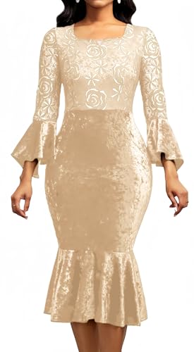 Image of Midi Lace Dress for Women Sexy Bodycon Fishtail Dress Elegance Cocktail Party Banquet Church Outfits