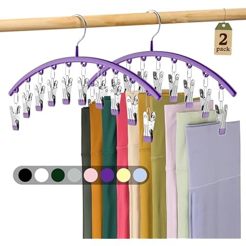 Volnamal Legging Organizer for Closet, Metal Yoga Pants Hangers 2 Pack w/10 Clips Holds 20 Leggings, Hangers Space Saving Hanging Closet Organizer w/Rubber Coated Closet Organizers and Storage, Purple Cover