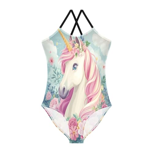 CaTaKu Girls One Piece Swimsuits Unicorn Flower Toddler Bathing Suit for Girls Kids Swimwear 3-10Y