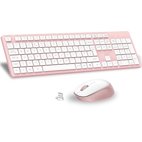 LeadsaiL Wireless Keyboard and Mouse Set, 2.4GHz USB Computer Keyboards and Mouse Combo, Soft Touch, Full Size UK QWERTY Layout with 12 Multimedia Shortcuts for HP/Lenovo Laptop and Mac-Pink and White