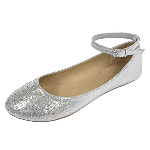 Gold Toe Womens Metallic Ballet Flats with Rhinestone Detail, Cushioned Insoles,Easy Slip On/Off (Silver, 8)