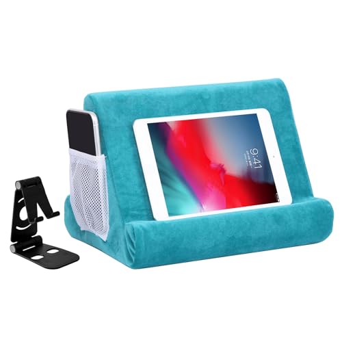 2pcs Multi-Angle Tablet Holder Cushion Stand with Net Pocket & Black Color Phone Stands Upgraded Tablet Pad Support for Phone,Pad,Books ( Lakeblue )