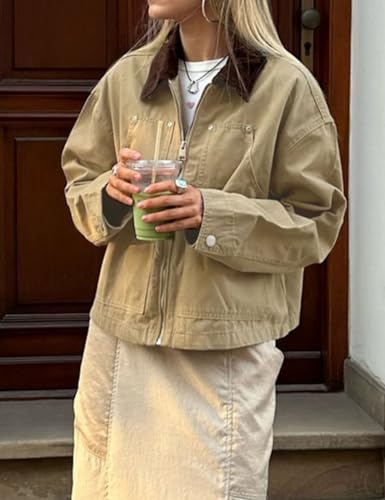 Womens Lightweight Jacket with Corduroy Collar Oversized Barn Jackets Cropped Zip Up Workwear Jacket3