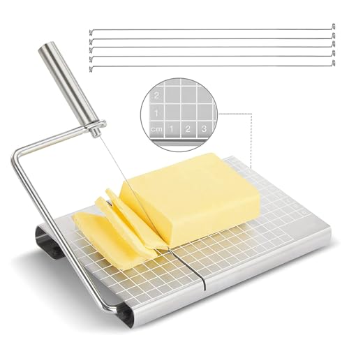 Gevvnss Käseschneider mit 5 Extra Draht,Käsehobel Edelstahl Cheese Cutter Slicer mit Brett und Messgitter,von Käse Butter und Gänseleber Verwendet Werden,13 * 21 cm