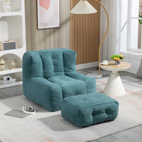 Rumiiro Bean Bag Chair with Ottoman for Adults Teens Kids, Lazy Comfy Velvet Bean Bag Couch with Memory Sponge Filler, Ultra Soft Fluffy Bean Bag Sofa Chair for Living Room Bedroom Apartment (Green)