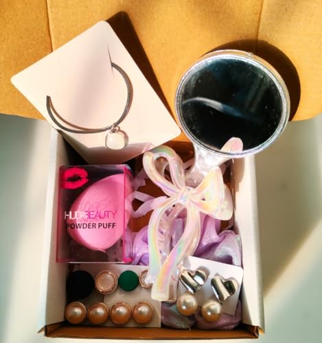 Image of Gift Hamper 7 Accessories Combo for Women & Girls Trendy Nacklase chain, Beauty Blendar, Heand mirror, Scrunchies, Bow Clip, Hair Pins & Earrings With Box