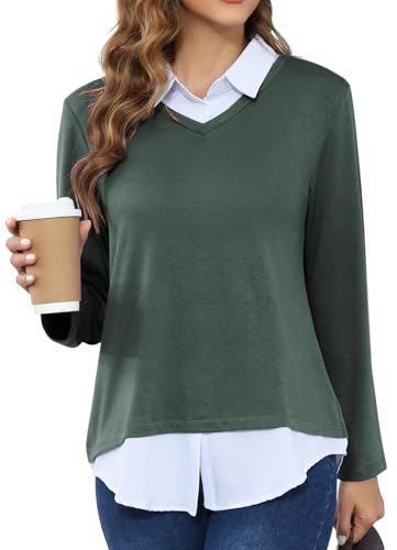MISS FORTUNE Women's V-Neck Fall Winter Sweater Collar 2 in 1 Casual Long Sleeve Patchwork Office Pullover Shirts 2025