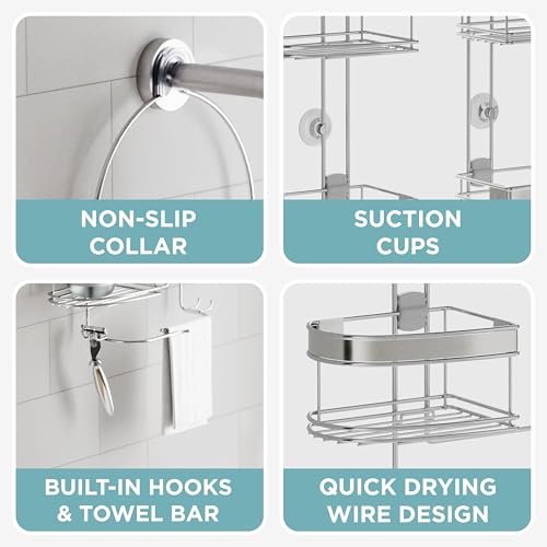 Zenna Home Rust-Resistant Hanging Shower Caddy for Handheld Shower Heads, Over the Shower Head Caddy with 2-Way Adjustable Baskets and Storage Hooks, Bathroom Hanging Organizer, Stainless Steel