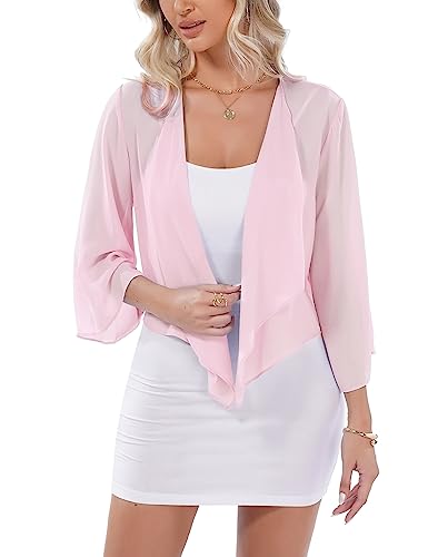 Aottori Pink Chiffon Bolero Cardigans for Women UK Ladies Summer 3/4 Sleeve Cropped Shrugs Shawl Jackets Casual Evening Wedding Light Pink S