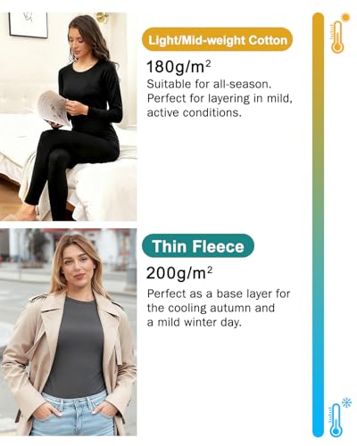 wirarpa Thermounterwäsche Damen Baumwolle Set Thermowäsche Set Leichtgewic Thermounterhemd Thermounterhose Herbst und Winter Schwarz Größe M