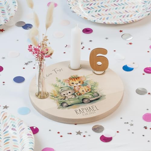 Nord-Kind personalisierter Kerzenteller aus Holz mit Motiv, Namen, Geburtstagskerzen & Zahlen 20cm Ø als Geschenk für Baby & Kinder personalisierter Geburtstagsteller als Geburtstagsdeko (Safari 1)