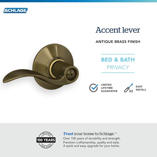 Image of Schlage F40 ACC 609 Accent Door Lever, Bed & Bath Privacy Lock, Antique Brass