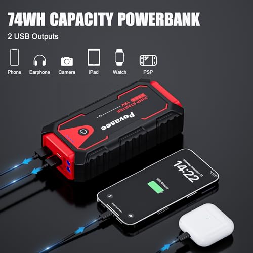 Povasee Starthilfe Powerbank, 5000A Auto Starthilfe für 12V Fahrzeuge (Bis zu 10L Benzin/8L Diesel), Starter Powerbank mit LED… – Ansicht 4