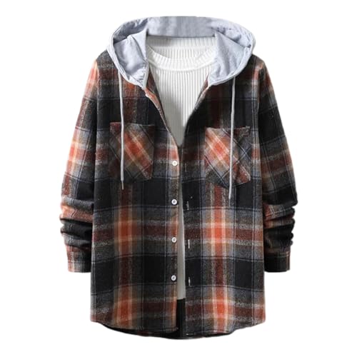 Mens Flannel Shirts Plaid Hoodie Loose Casual Button Down Hooded Jacket Long Sleeve Flannel Casual Coat with Pockets