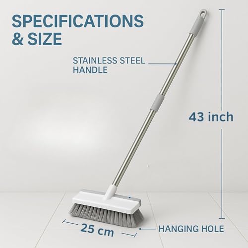 Image of Delamu Cord Cover 3 in 1 Stainless Steel Bathroom Cleaning Brush with Wiper & Long Handle, White Scrubbing Brush for Tiles, Floor, Wall